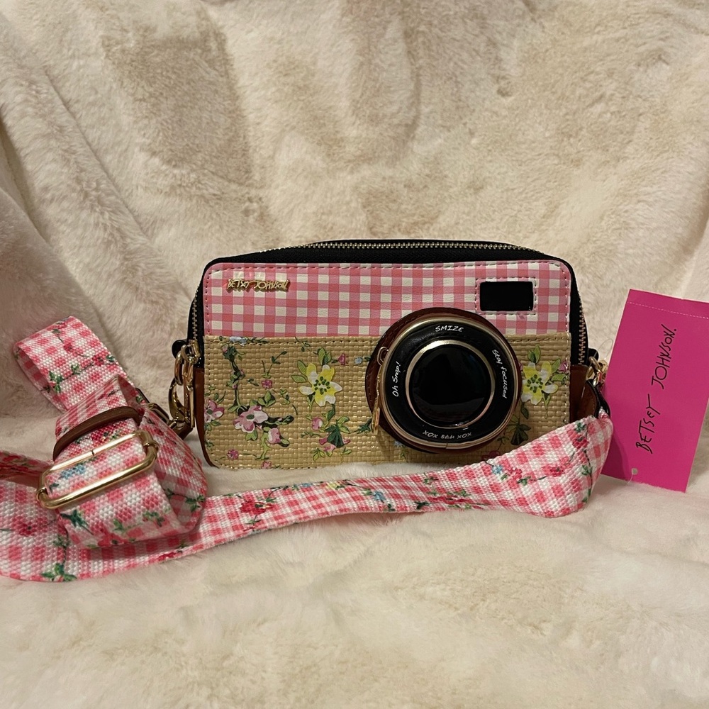 Betsy Johnson pink camera crossbody bag